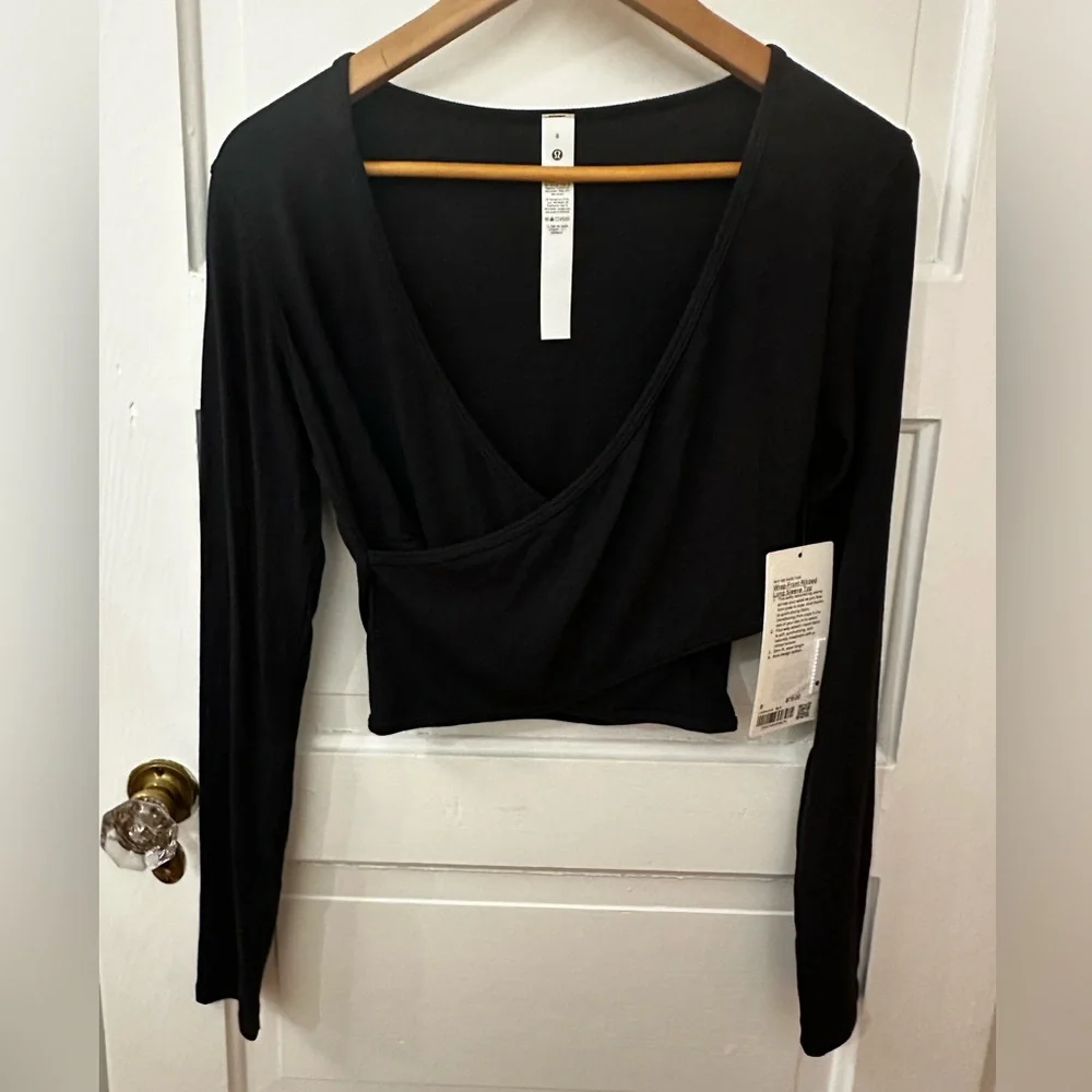 Lululemon Wrap-Front Ribbed Long-Sleeve Top Black Sz 10 - Picture 4 of 5